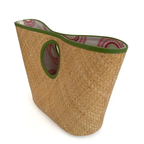 PUTU by J MacLear Natural Straw Bag Beach Tote Round Handle Green Trim Lined - Picture 3 of 11